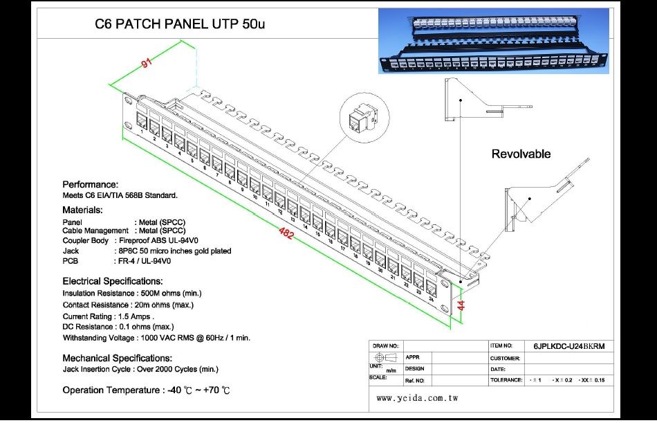 Y6JPLKDC-U24BKRM CAT6 UTP 24PORT Inline coupler PANEL  Inline coupler, w/後理架 CAT6 24P 雙層鐵板+後理架資訊面板