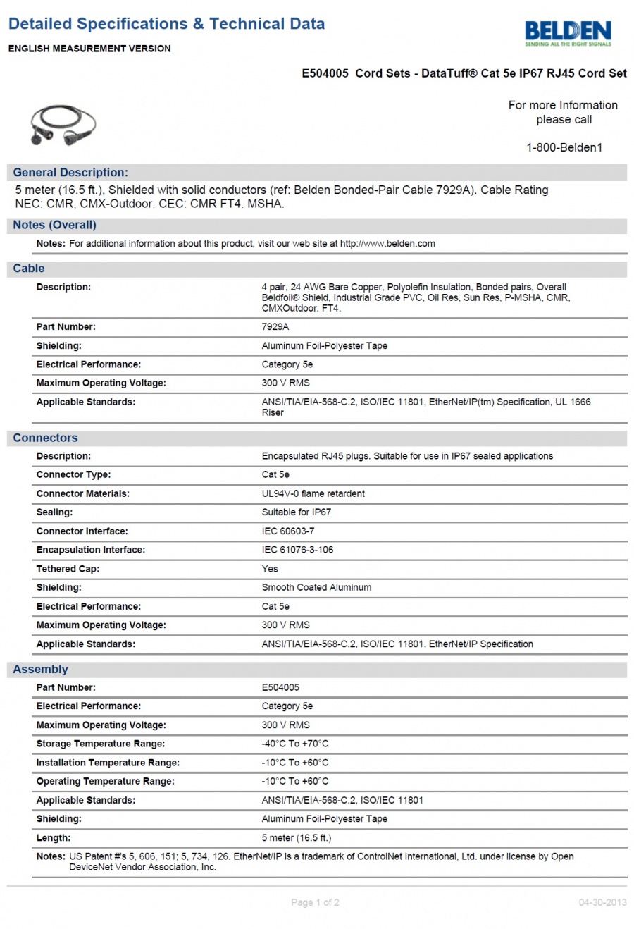 Belden-E504005  5M - DataTuff® Cat 5e IP67 RJ45 Cord Set 鋁箔隔離工業級(防油 抗陽光)乙太網路連接跳線產品圖