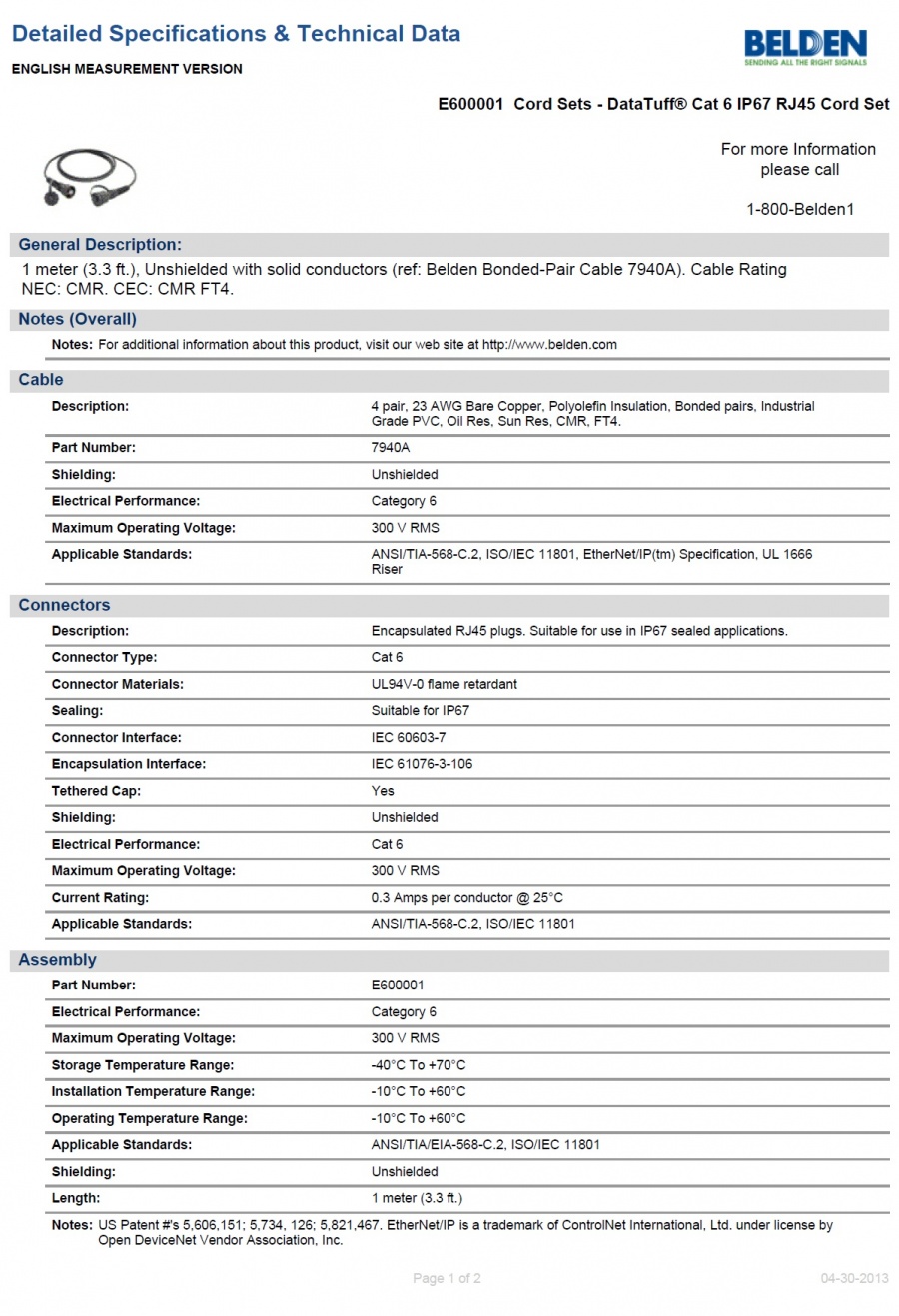 Belden E600001  1M UTP-DataTuff® Cat 6 IP67 RJ45 Cord Set 工業級(防油 抗陽光)乙太網路連接跳線產品圖