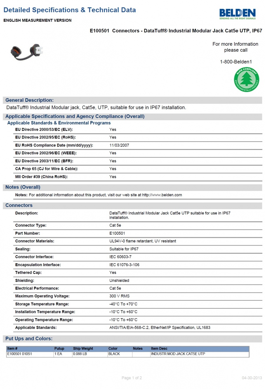 Belden-E100501  Connectors - DataTuff® Industrial Modular Jack Cat5e UTP, IP67 工業級模塊化插座（RJ45）乙太網路(符合的EtherNet / IP規範)產品圖