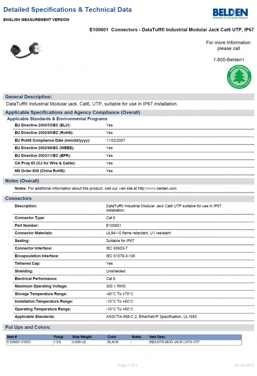 Belden-E100601  Connectors - DataTuff® Industrial Modular Jack Cat6 UTP, IP67 連接器- DataTuff®工業UTP六類模塊化插孔