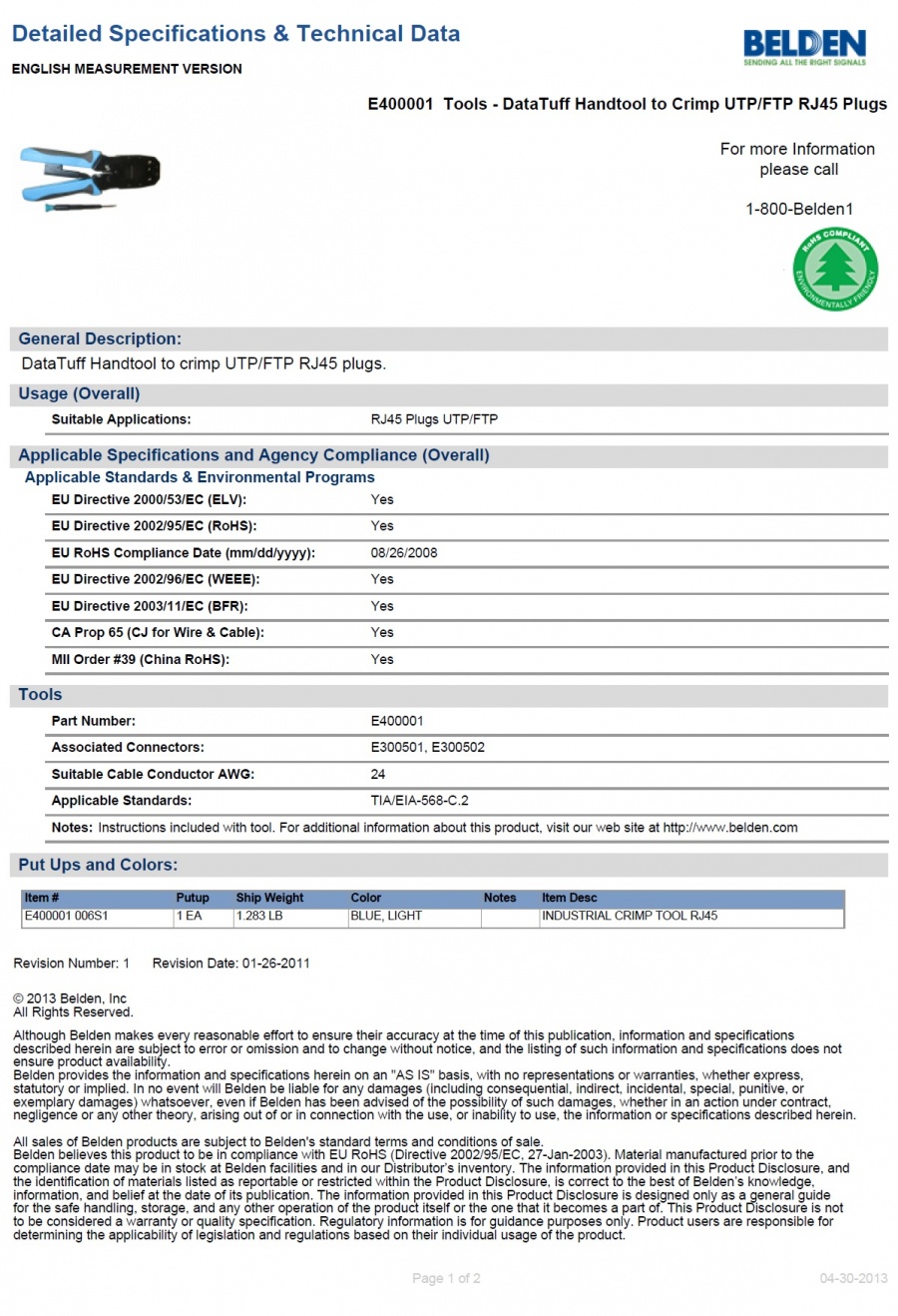 Belden-E400001 Tools - DataTuff Handtool to Crimp UTP/FTP RJ45 Plugs 壓接工具產品圖