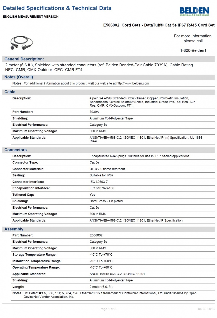 Belden E506002  2M FTP- DataTuff® Cat 5e IP67 RJ45 Cord Set 工業級(防油 抗陽光)鋁箔隔離乙太網路連接跳線 BC（7X32）產品圖