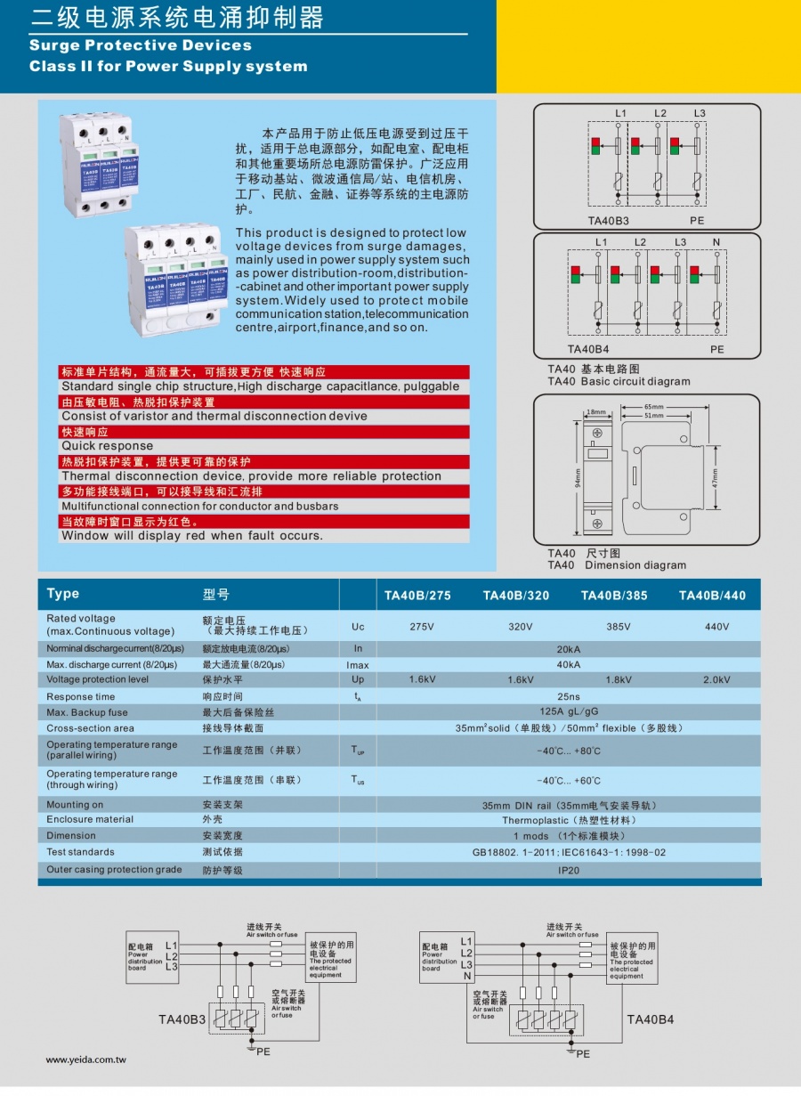 TA40B/275 /320 /385 /440 Surge Protective Devices Class II for Power Supply system 二级电源系统电涌抑制器產品圖