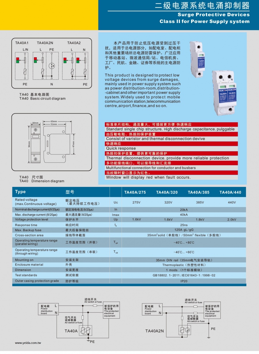 TA40A/275 /320 /385/440 Surge Protective Devices Class II for Power Supply system 二级电源系统电涌抑制器產品圖