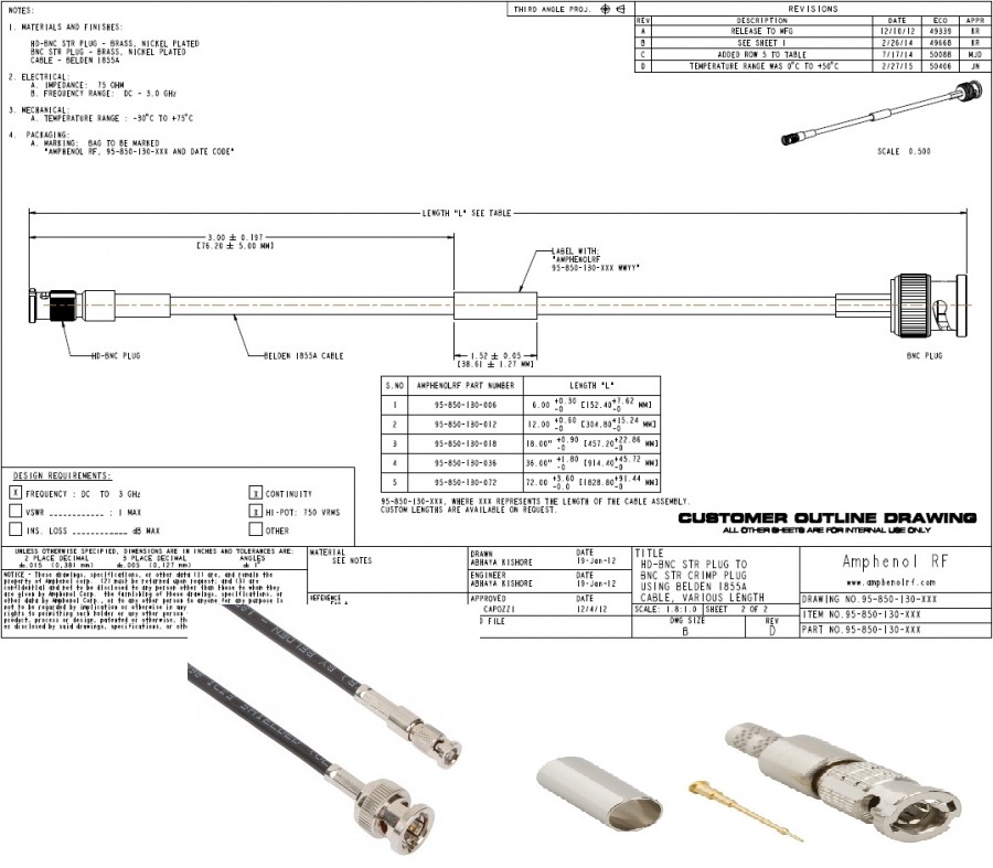 Amphenol HD-BNC Straight Plug to BNC Straight Plug on Belden 1855A, 12 in HD-BNC直插頭至BNC直型插頭上的Belden1855A，12英吋