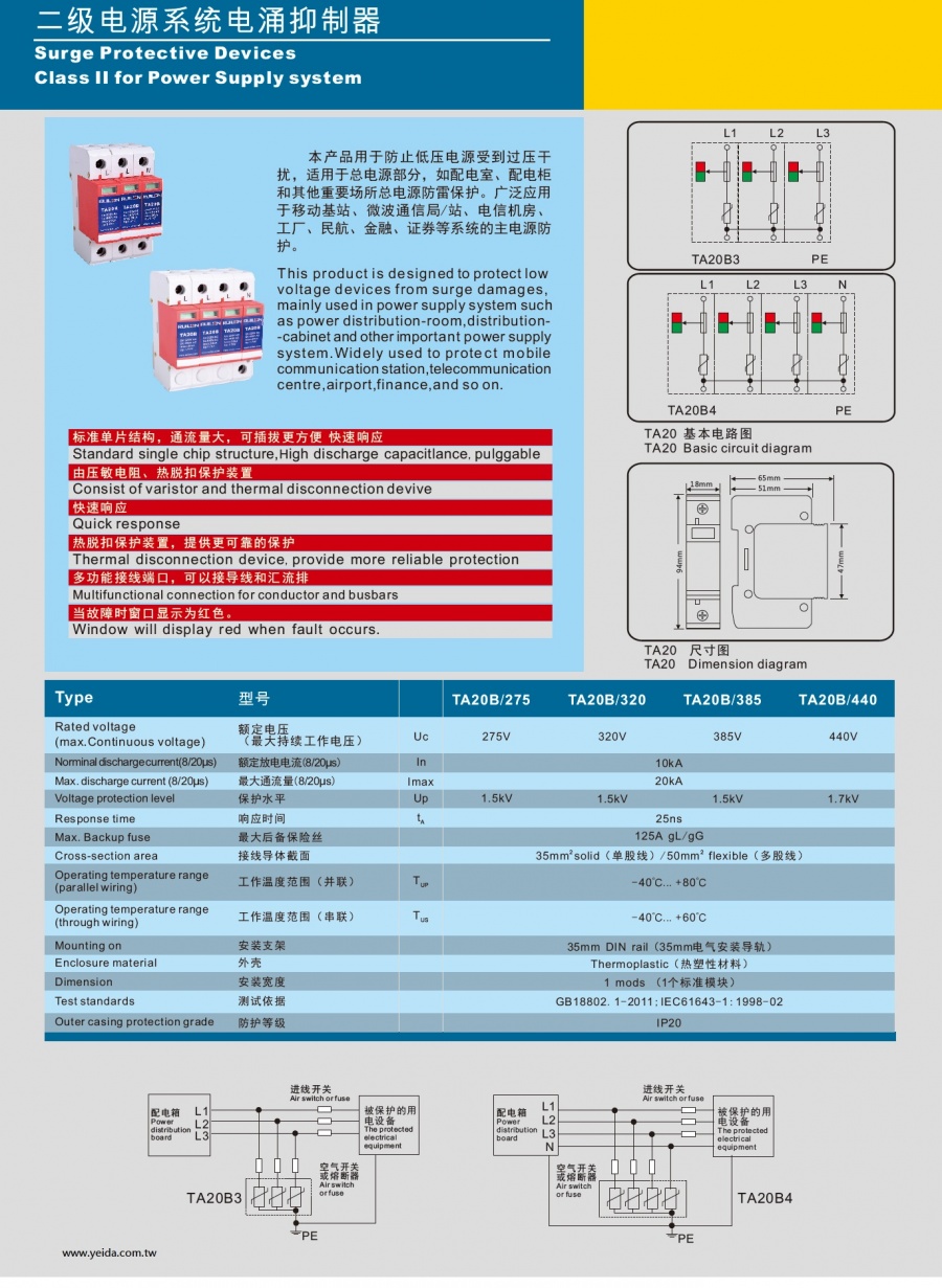 TA20B3/ TA20B4 Surge Protective Devices Class II for Power Supply system 二级电源系统电涌抑制器產品圖