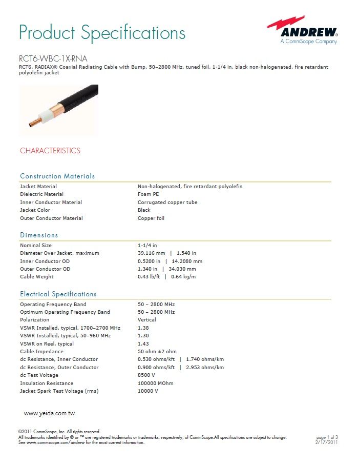 RCT6-WBC-1X-RNA 同軸輻射(洩波)電纜，50-2800兆赫，1-1/4吋，黑非鹵化，阻燃聚烯烴護套 RCT6, RADIAX® Coaxial Radiating (Leaky)Cable with Bump, 50–2800 MHz, tuned foil, 1-1/4 in, black non-halogenated, fire retardant polyolefin j產品圖