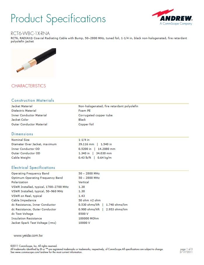 RCT6-WBC-1X-RNA 同軸輻射(洩波)電纜，50-2800兆赫，1-1/4吋，黑非鹵化，阻燃聚烯烴護套 RCT6, RADIAX® Coaxial Radiating (Leaky)Cable with Bump, 50–2800 MHz, tuned foil, 1-1/4 in, black non-halogenated, fire retardant polyolefin j產品圖