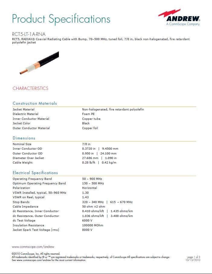 RCT5-LT-1A-RNA RCT5，RADIAX ®同軸輻射(洩波)電纜，70-500兆赫，7 / 8 吋，黑色非鹵化，阻燃聚烯烴外被 RCT5, RADIAX® Coaxial Radiating (Leaky)Cable with Bump, 70–500 MHz, tuned foil, 7/8 in, black non-halogenated, fire retardant po產品圖