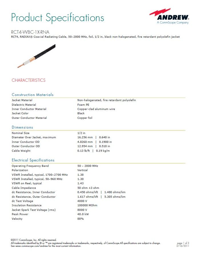 Andrew RCT4-WBC-1X-RNA RADIAX ®同軸輻射(洩波)電纜，50-2800兆赫，1 / 2 吋，黑非鹵化，阻燃聚烯烴護套 RCT4, RADIAX® Coaxial Radiating(Leaky) Cable, 50–2800 MHz