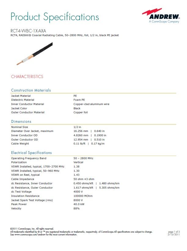 Andrew RCT4-WBC-1X-AXA RADIAX ®同軸輻射(洩波)電纜，50-2800兆赫，1 / 2 吋，黑PE外被 RCT4, RADIAX® Coaxial Radiating (Leaky) Cable, 50–2800 MHz, foil, 1/2 in, black PE jacket產品圖