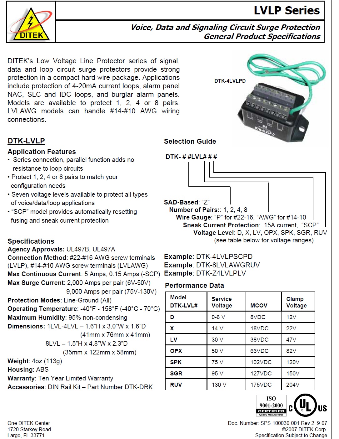 DTK-LVLP Series, Voice, Data and Signaling Circuit Surge Protection 音響，數據和信號電路浪湧保護(避雷器)