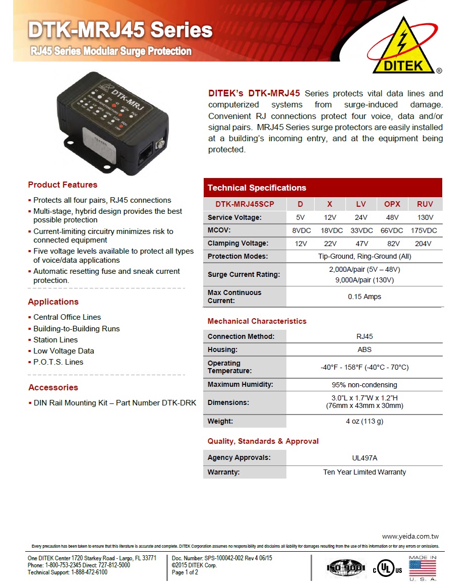 DITEK | DTK-MRJ45SCPRUV  4 pair, 130V, RJ45 In/Out Modular Jack RJ45輸入/輸出模塊化插孔產品圖