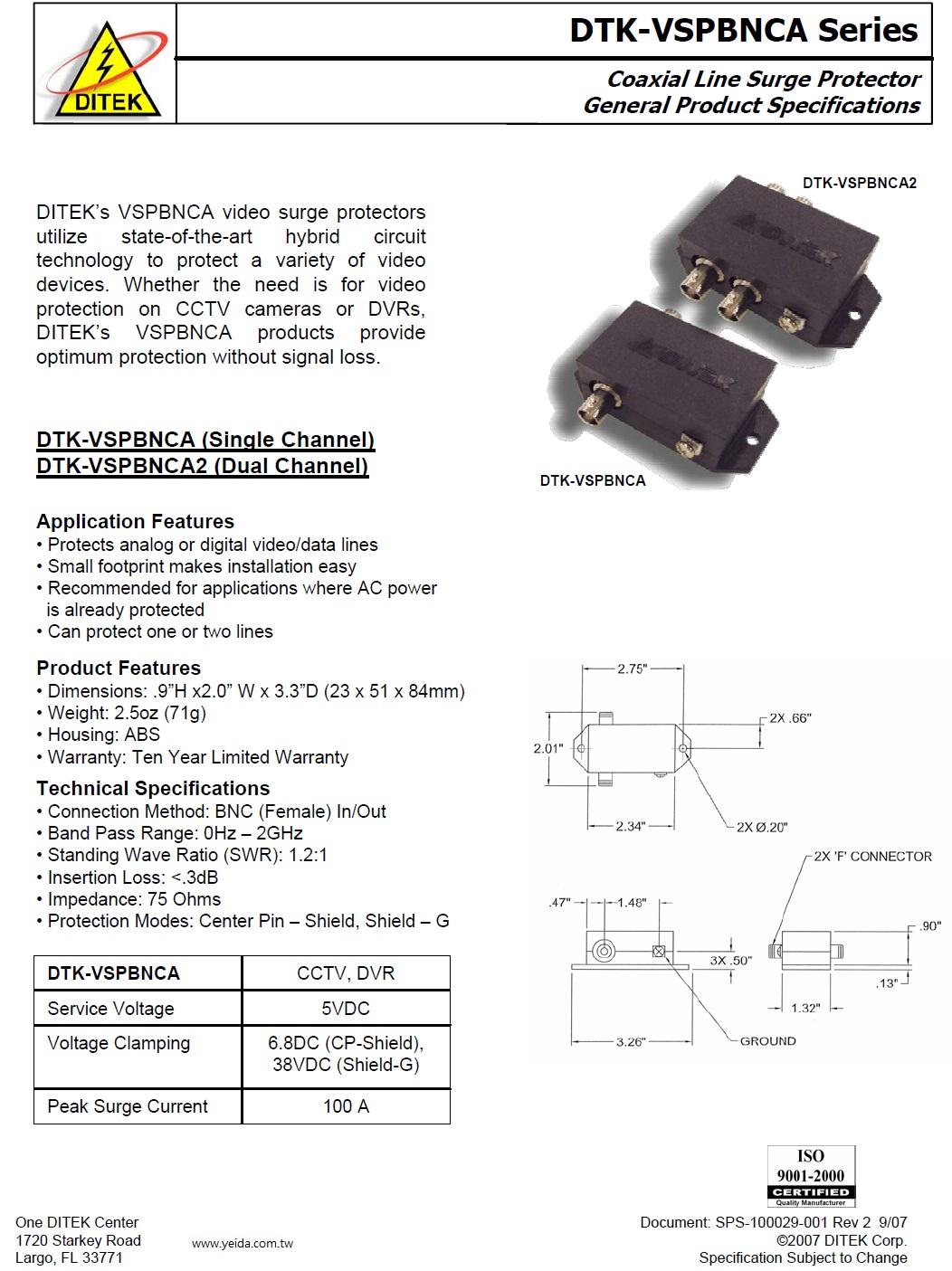 DTK-(DTK-VSPBNCA (Single Channel), DTK-VSPBNCA2 (Dual Channel)  單迴路或雙迴路CCTV雷擊保護器