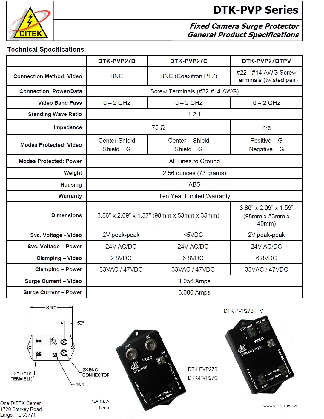 DITEK, DTK-PVP27B DTK-PVP27C, DTK-PVP27BTPV, High-Quality Fixed Cameras SURGE PROTECTION, CCTV固定式攝影機雷擊保護器