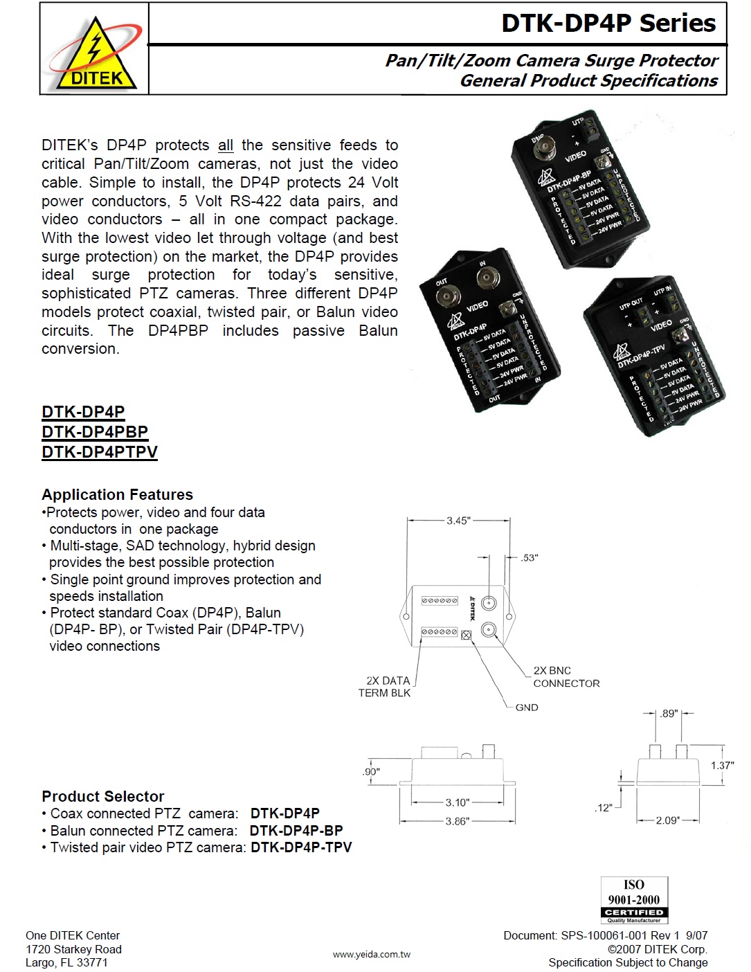 DTK-DP4P (DTK-DP4P, DTK-DP4PBP, DTK-DP4PTPV) Pan/Tilt/Zoom Camera Surge Protector 全功能迴轉台攝影機雷擊保護器