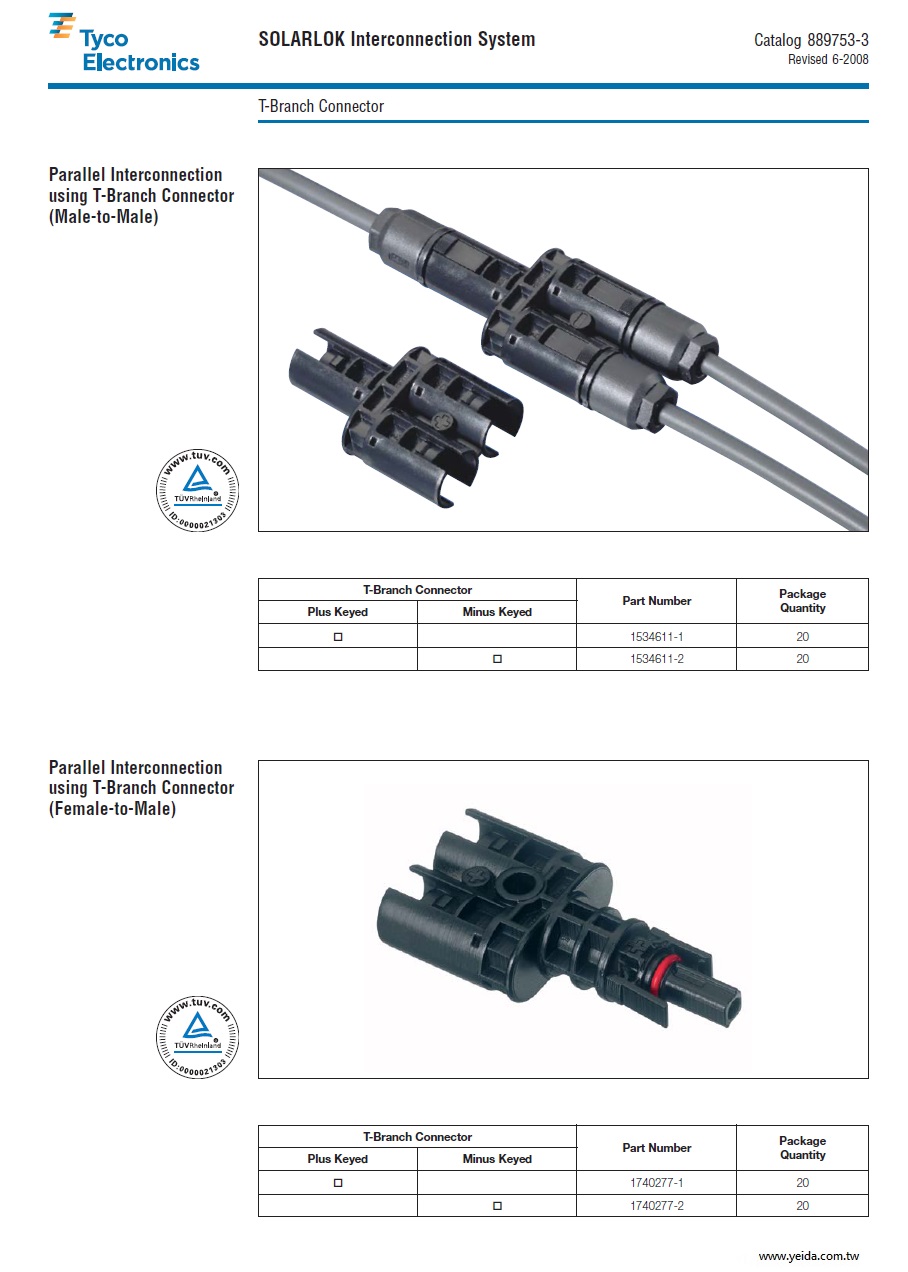 TE(Tyco)-1740277  SOLARLOK T-Branch Connector Parallel Interconnection UL, TUV, 美歐規雙認證太陽能電線T型耦合器產品圖