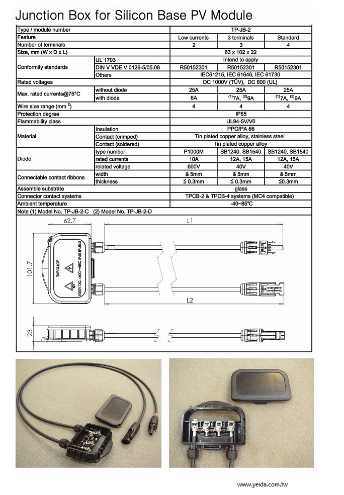 PV Junction Box for Silicon base PV Module 太陽能光伏電纜接線盒-用于單多晶電池模組產品圖