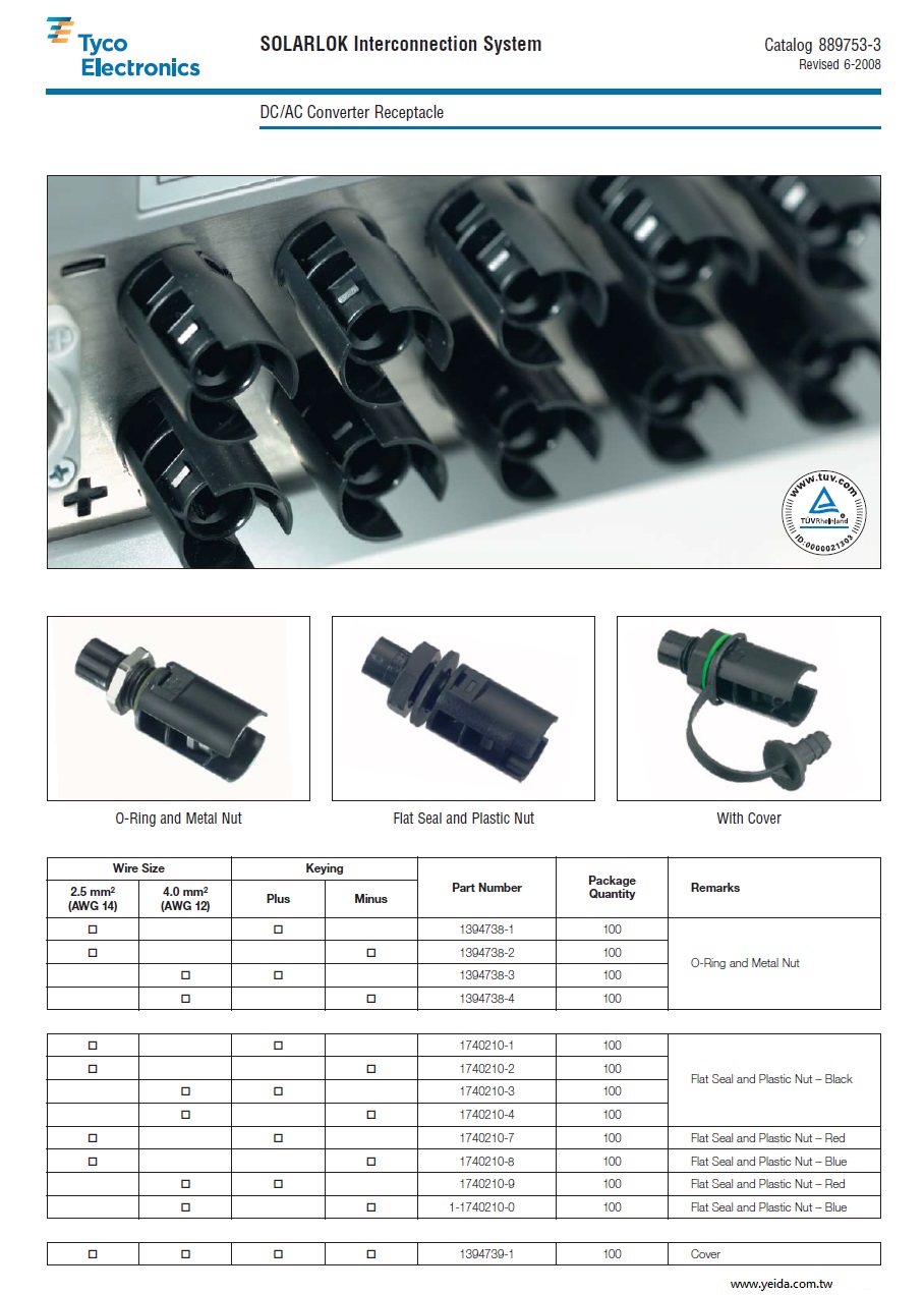 TE(Tyco)-1394738 SOLARLOK DC/AC Converter Receptacle, UL, TUV, 美歐雙認證太陽能發電系統DC / AC轉換器插座產品圖