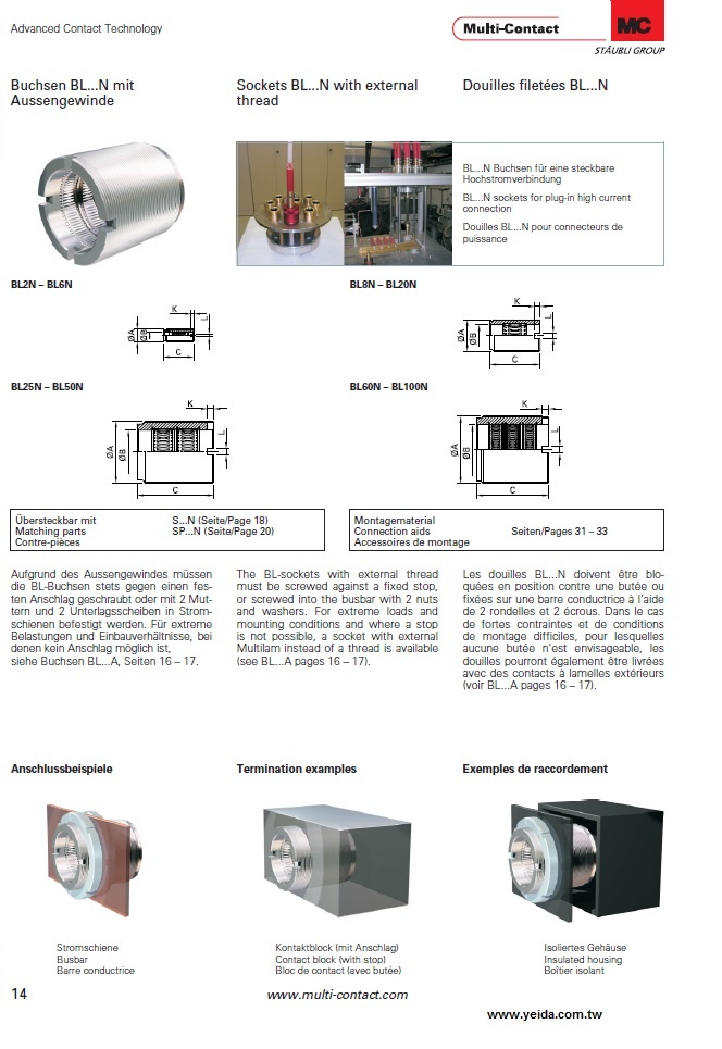 BL2N Sockets BL...N with external thread 帶外螺紋插座