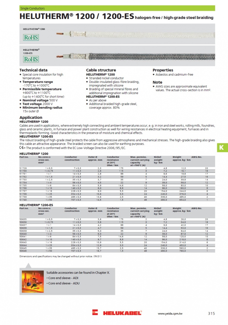 HELUTHERM® 1200 / 1200-ES halogen-free -170°C to +1000°C 耐高溫電線產品圖