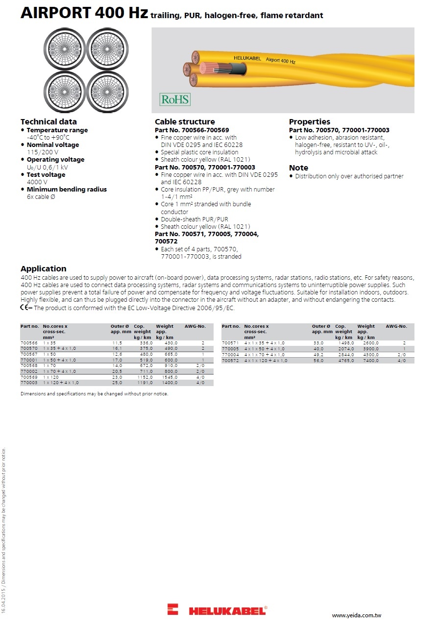 AIRPORT 400 Hz trailing, PUR, 供電給飛機400赫茲電纜產品圖