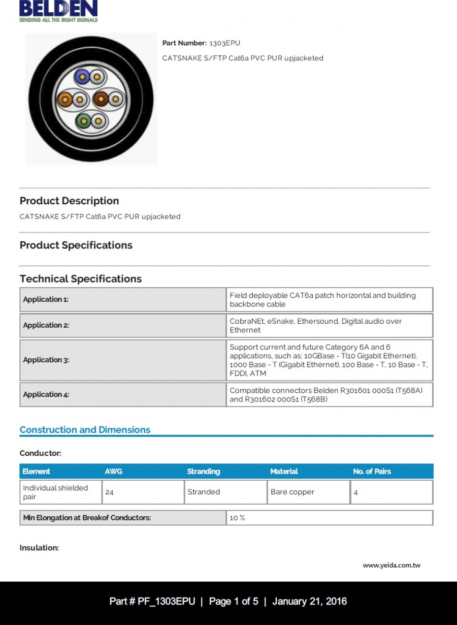 BELDEN-1303EPU, High Performance Shielded CatSnake™ Cat 6A Cable (PU)雙隔離屏蔽式CatSnake™CAT6A工業級高速超柔可2百萬次移動式乙太網路電纜產品圖
