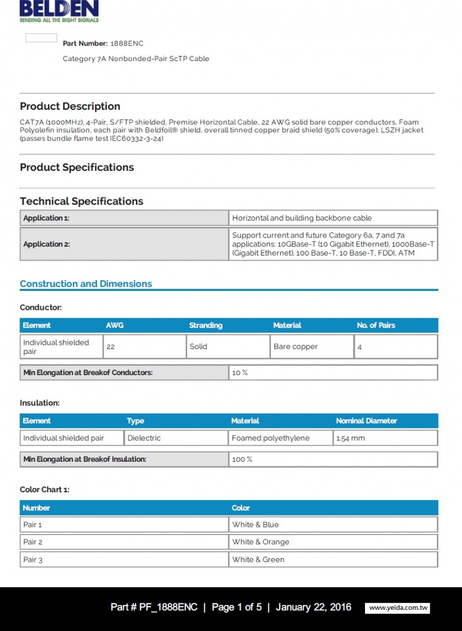 Belden1888ENC CAT-7A (1000MHz), 4-Pair, S/FTP shielded, Premise Horizontal Cable, 22 AWG solid LSZH jacket Cat-7A 雙隔離屏蔽， 低煙無鹵 網路線產品圖