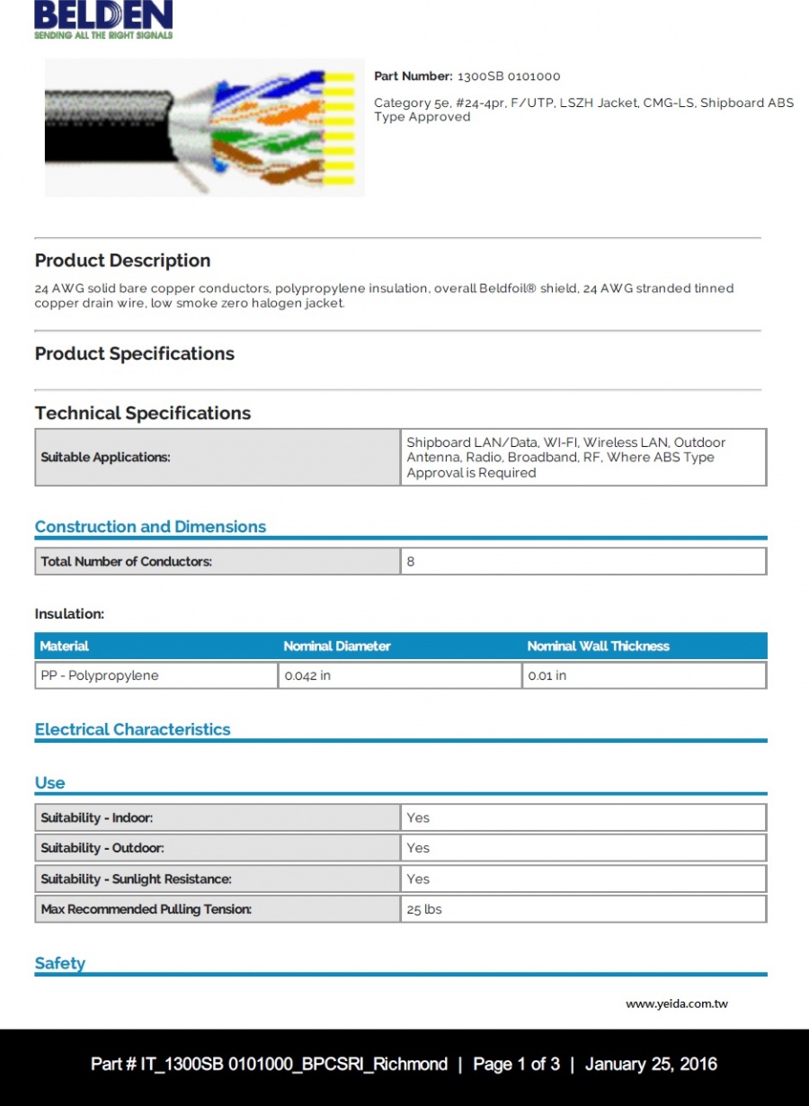 Belden-1300SB Category 5e, F/UTP, LSZH Jacket, CMG-LS, Shipboard ABS Type  低煙無鹵, 鋁箔隔離 Cat-5e, ABS型號認證海洋船舶乙太網路電纜產品圖