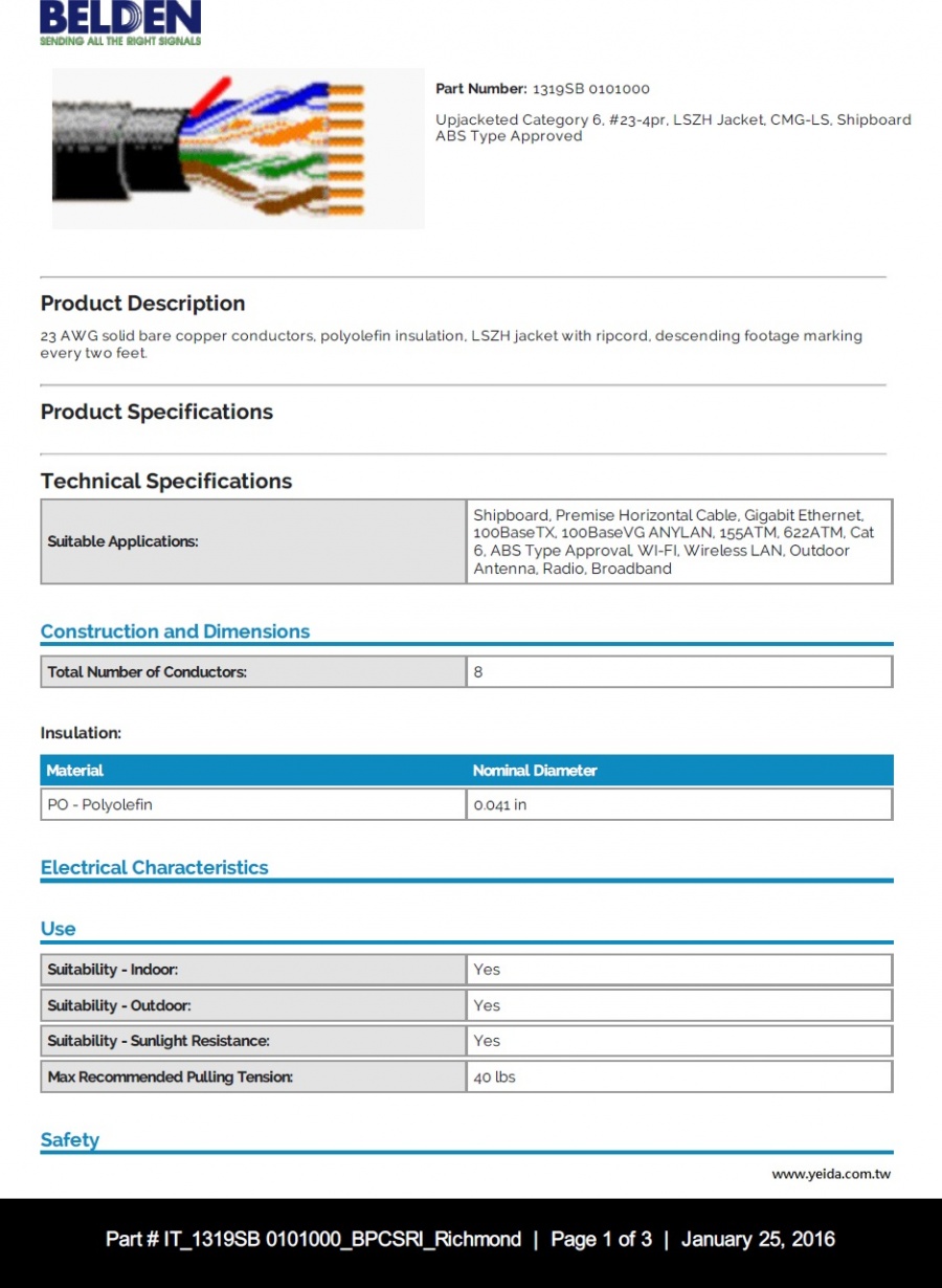 1319SB Upjacketed Category 6, #23-4pr, LSZH Jacket, CMG-LS, Shipboard ABS Type Approved  低煙無毒船舶用網路傳輸電纜產品圖