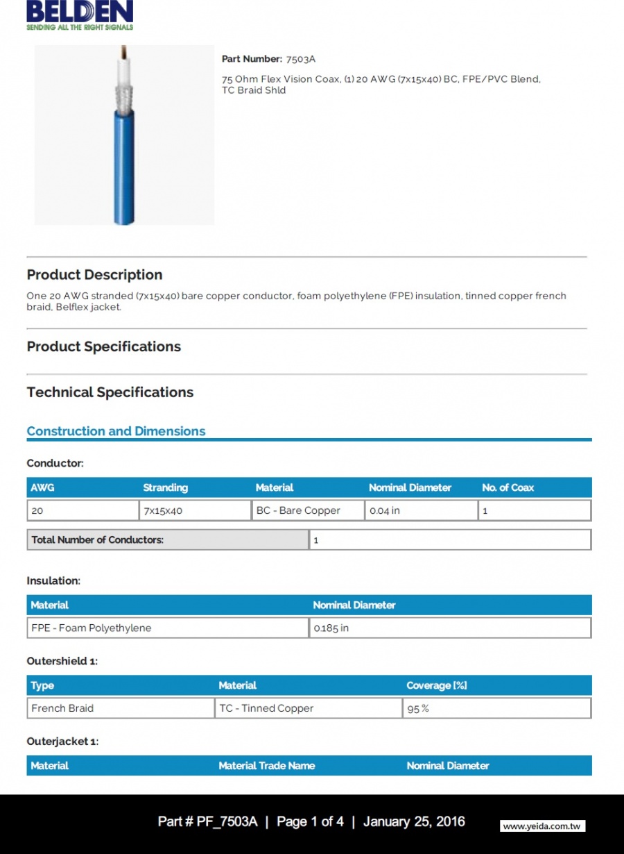 Belden 7503A 75 Ohm Flex Vision Coax, (1) 20 AWG (7x15x40) BC, FPE/PVC Blend, TC Braid Shld 75歐姆 RG-6 超柔軟視訊同軸電纜產品圖