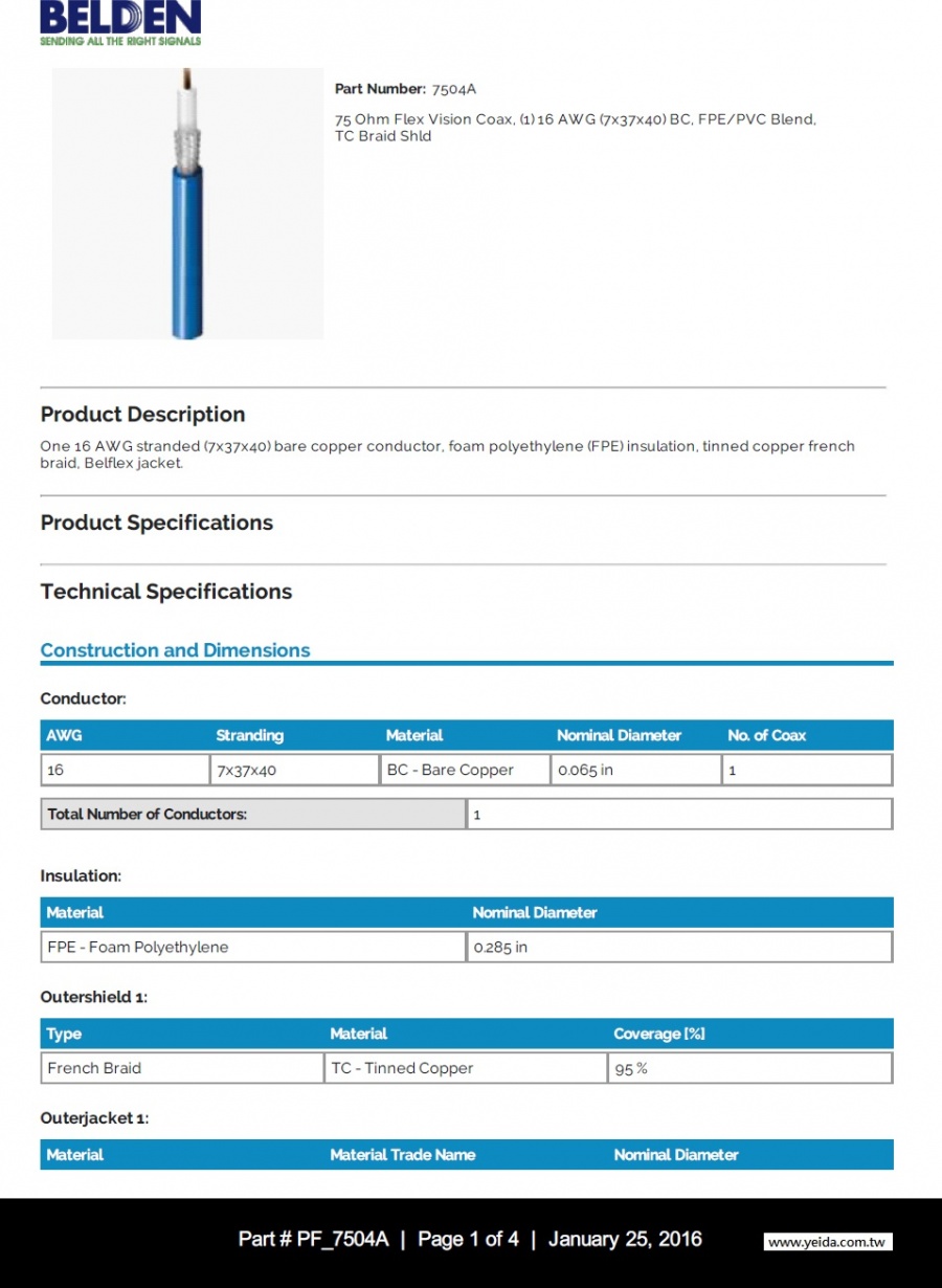 Belden 7504A 75 Ohm Flex Vision Coax, (1) 16 AWG (7x37x40) BC, FPE/PVC Blend, TC Braid Shld 75歐姆 RG-11 超柔軟視覺訊號傳輸同軸電纜產品圖