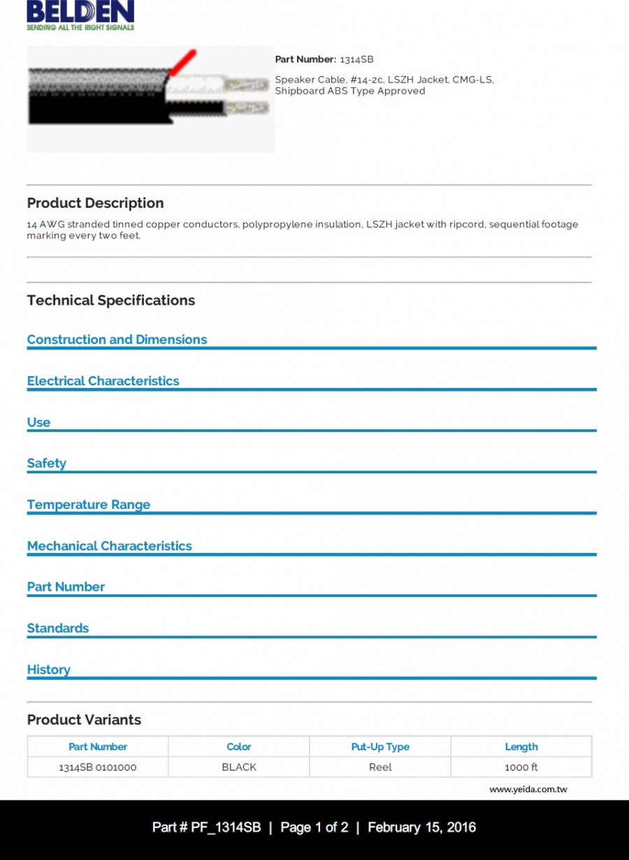 Belden 1314SB Speaker Cable, #14-2c, LSZH Jacket, CMG-LS, Shipboard ABS Type Approved 低煙無鹵船舶認證喇叭擴音線產品圖