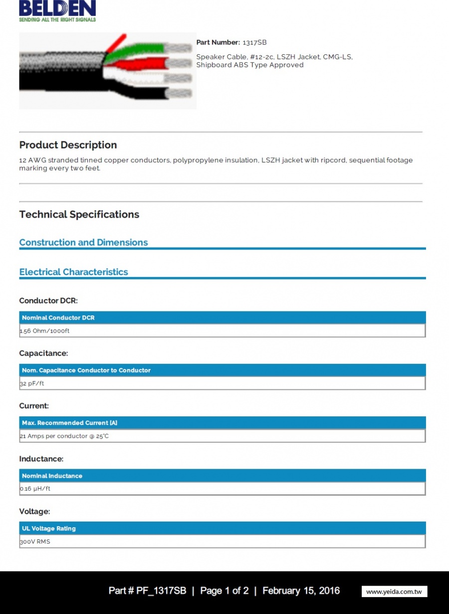 Belden 1317SB Speaker Cable, #12-2c, LSZH Jacket, CMG-LS, Shipboard ABS Type Approved  船舶認證喇叭擴音線(低煙無鹵)