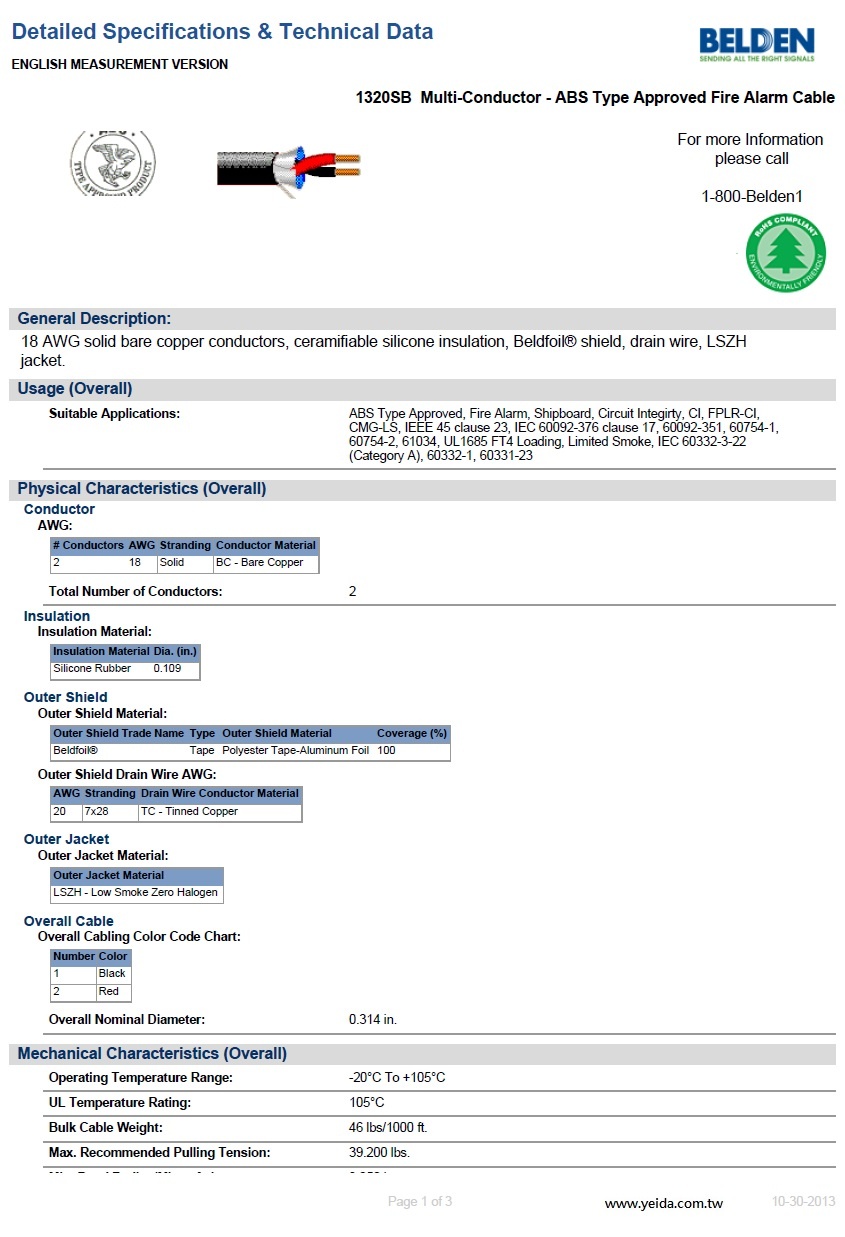 Belden 1320SB Fire Alarm, #18-2c, LSZH Jacket, CMG-LS, FPLR, Shipboard ABS Type Approved 低煙無毒船舶認證火警警報傳輸電纜產品圖