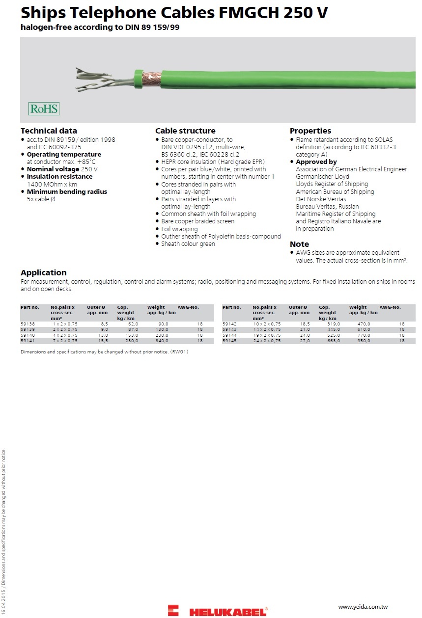 Ships Telephone Cables FMGCH 250 V halogen-free acc. to DIN 89 159/99 無鹵船用通信電纜