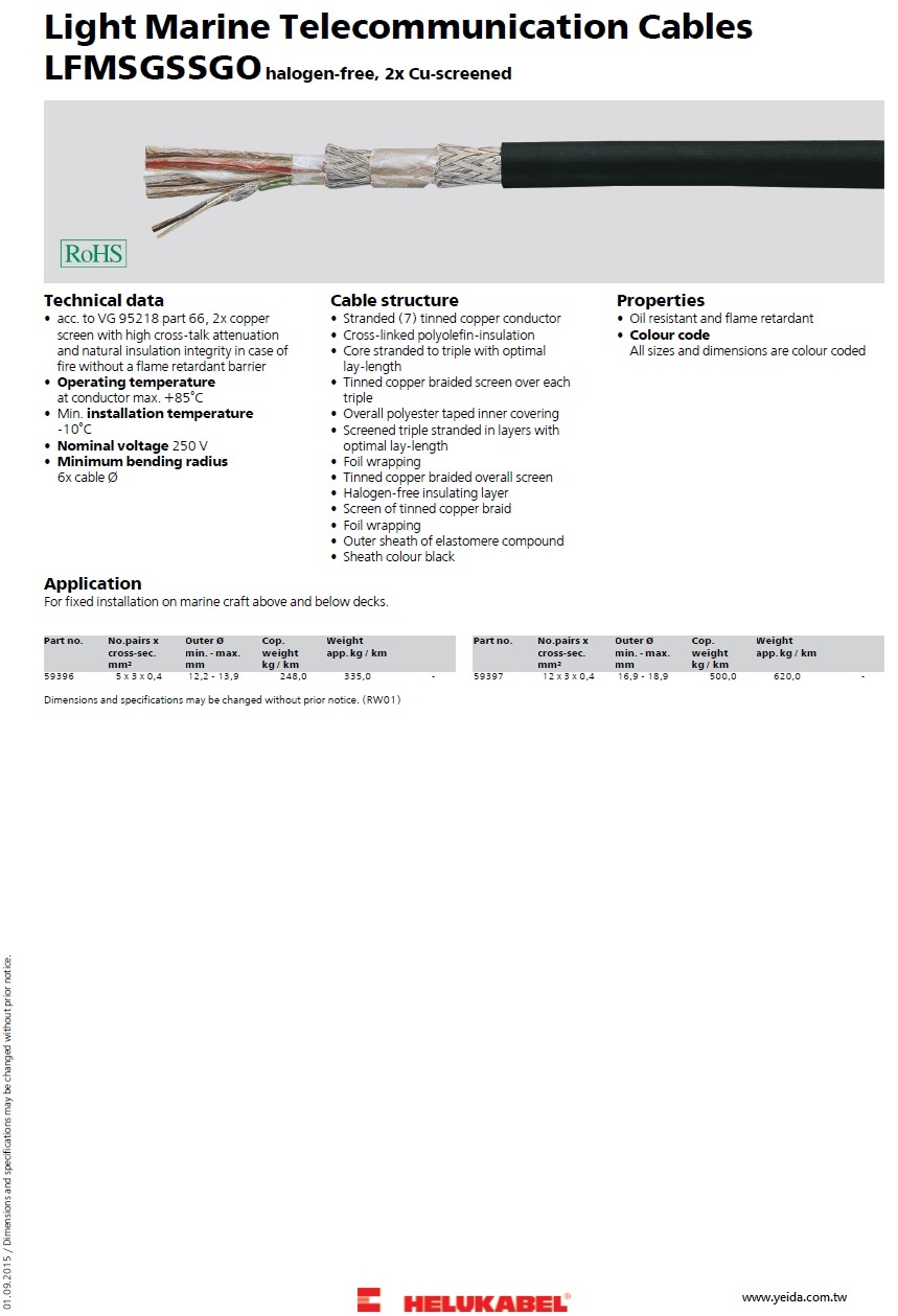 Light Marine Telecommunication Cables LFMSGSSGO halogen-free, 2x Cu-screened 無鹵雙銅網屏蔽海洋通信電纜產品圖