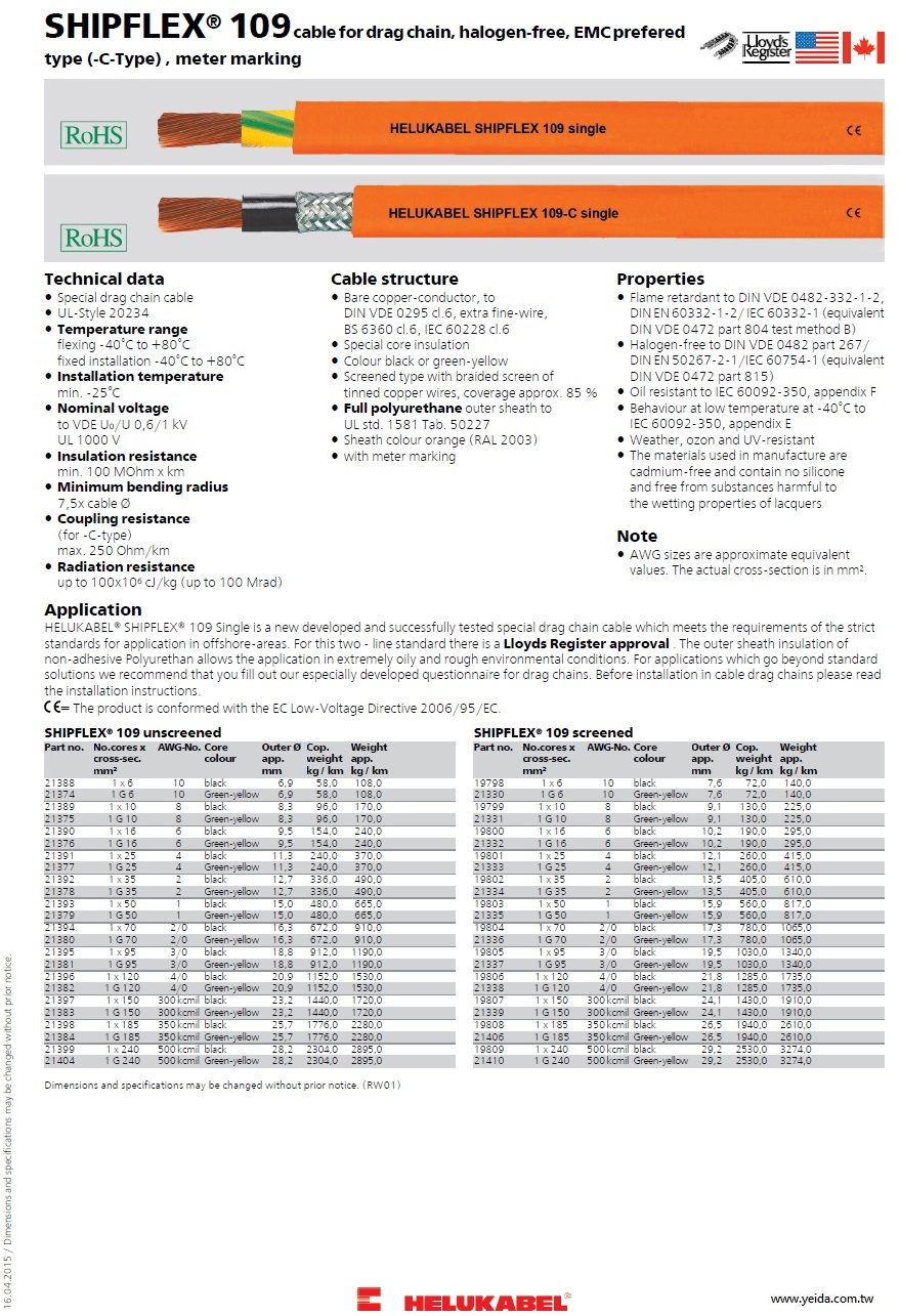 SHIPFLEX 109 Cable for drag chain, single core, halogen-free, EMC-prefered type (-C-Type), meter marking 拖鏈船舶電纜，無鹵產品圖