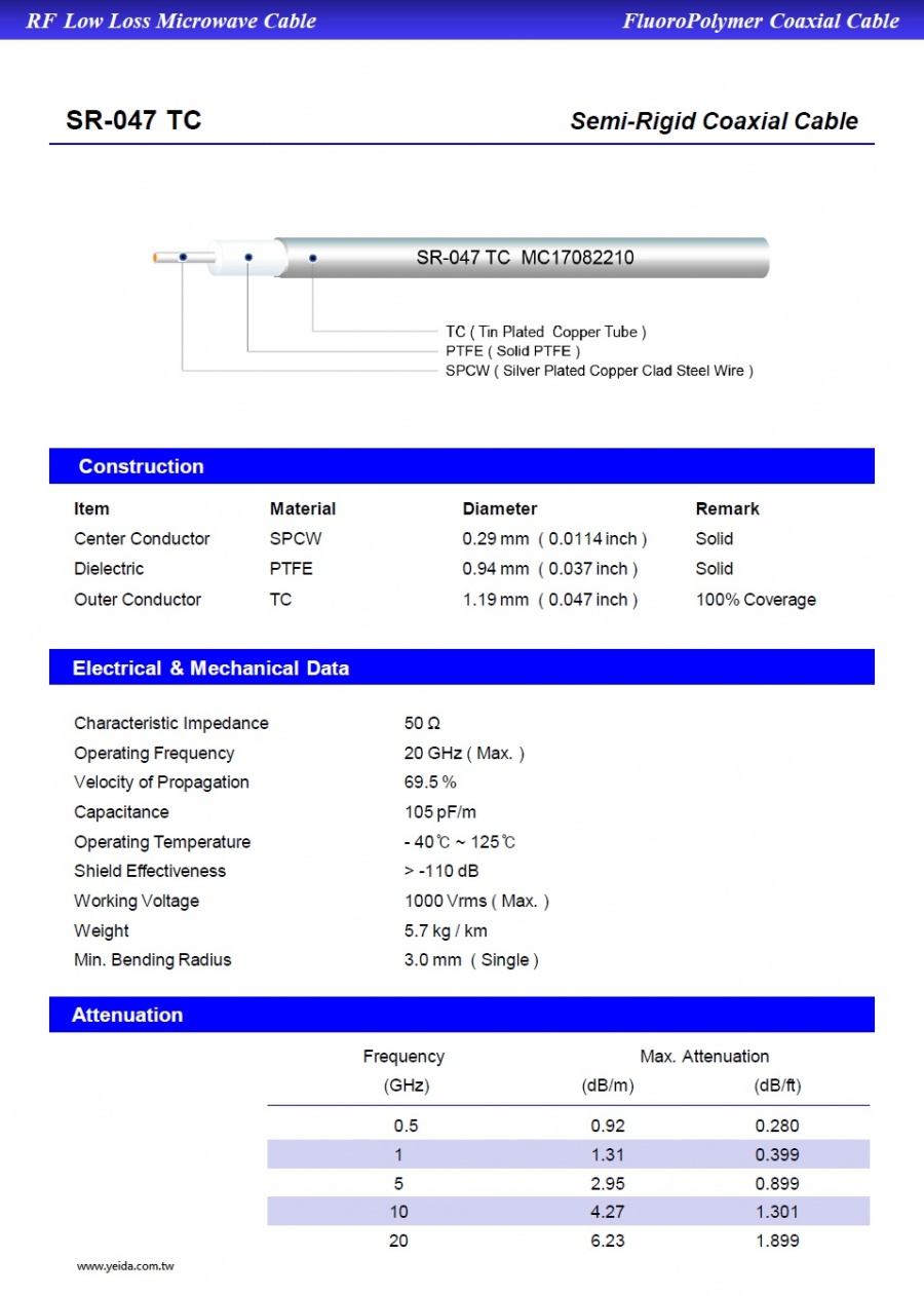 SR-047 Semi-Rigid Cable with Tin Plated Copper Tube 鍍錫銅管SR-047半剛性同軸電纜產品圖