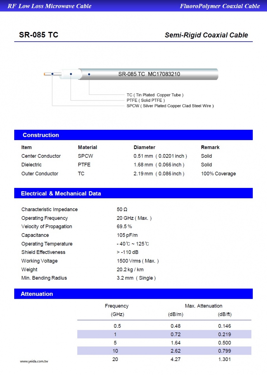 SR-085 Semi-Rigid Cable with Tin Plated Copper Tube 鍍錫銅管SR-085半剛性同軸電纜產品圖