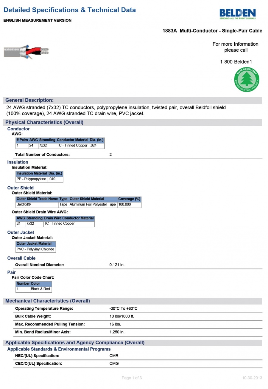 Belden-1883A 24 AWG  Single-Pair Cable 一對聲音音響儀表控制電線產品圖