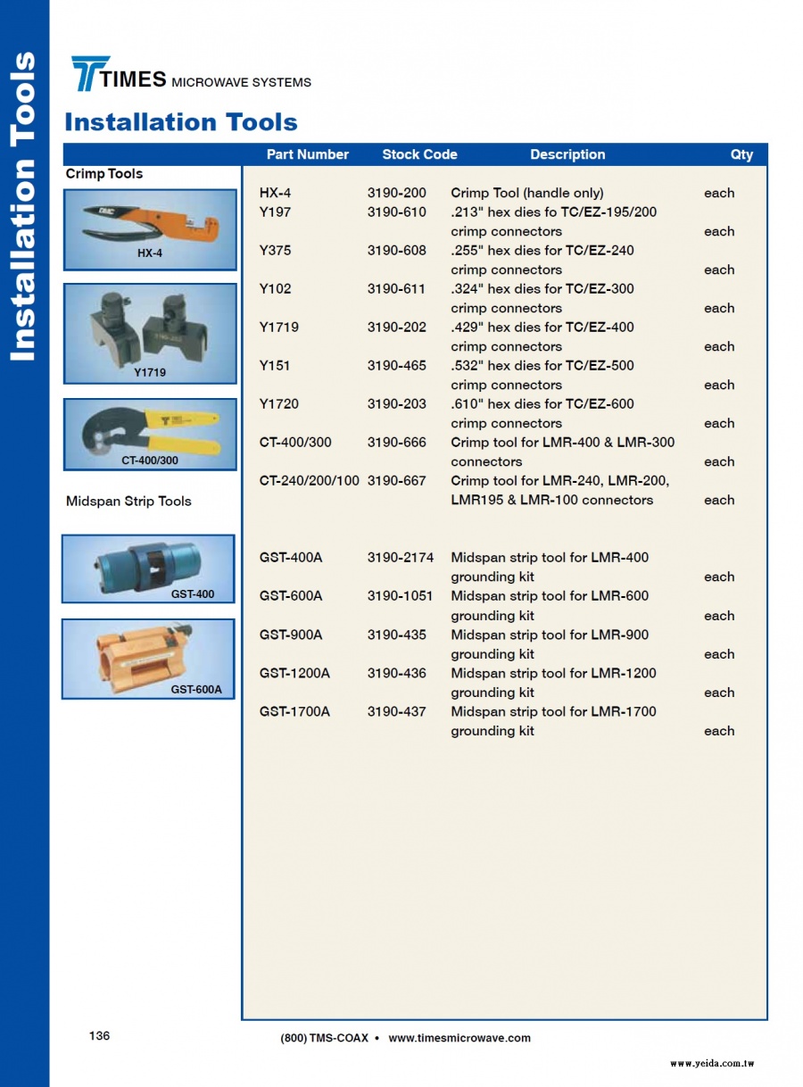 TIMES-LMR Install Tools ( Crimp Tools, Midspan Strip Tools 低損耗同軸電纜製作工具)