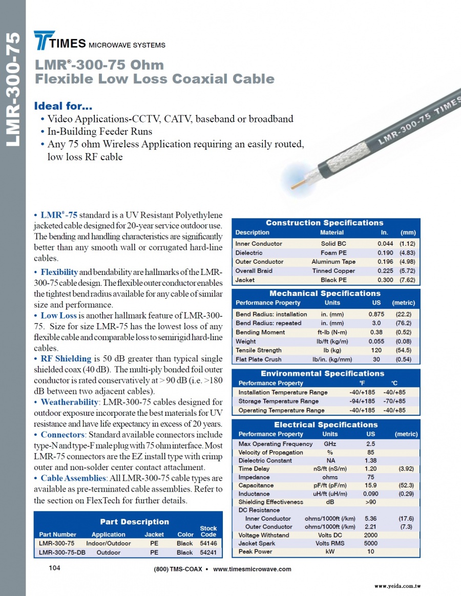 TIMES-LMR®-300-75 Ohm Flexible Low Loss Coaxial Cable (LMR-300 75歐姆低損耗同軸電纜 接頭 工具及跳線組裝)產品圖
