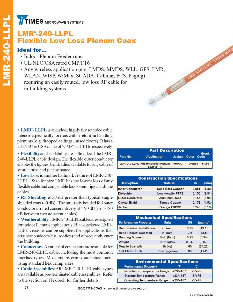 TIMES-LMR®-240-LLPL Low Loss Plenum ( 50歐姆低損耗室內的鐵氟龍高阻燃同軸電纜 接頭 工具及跳線組裝)產品圖