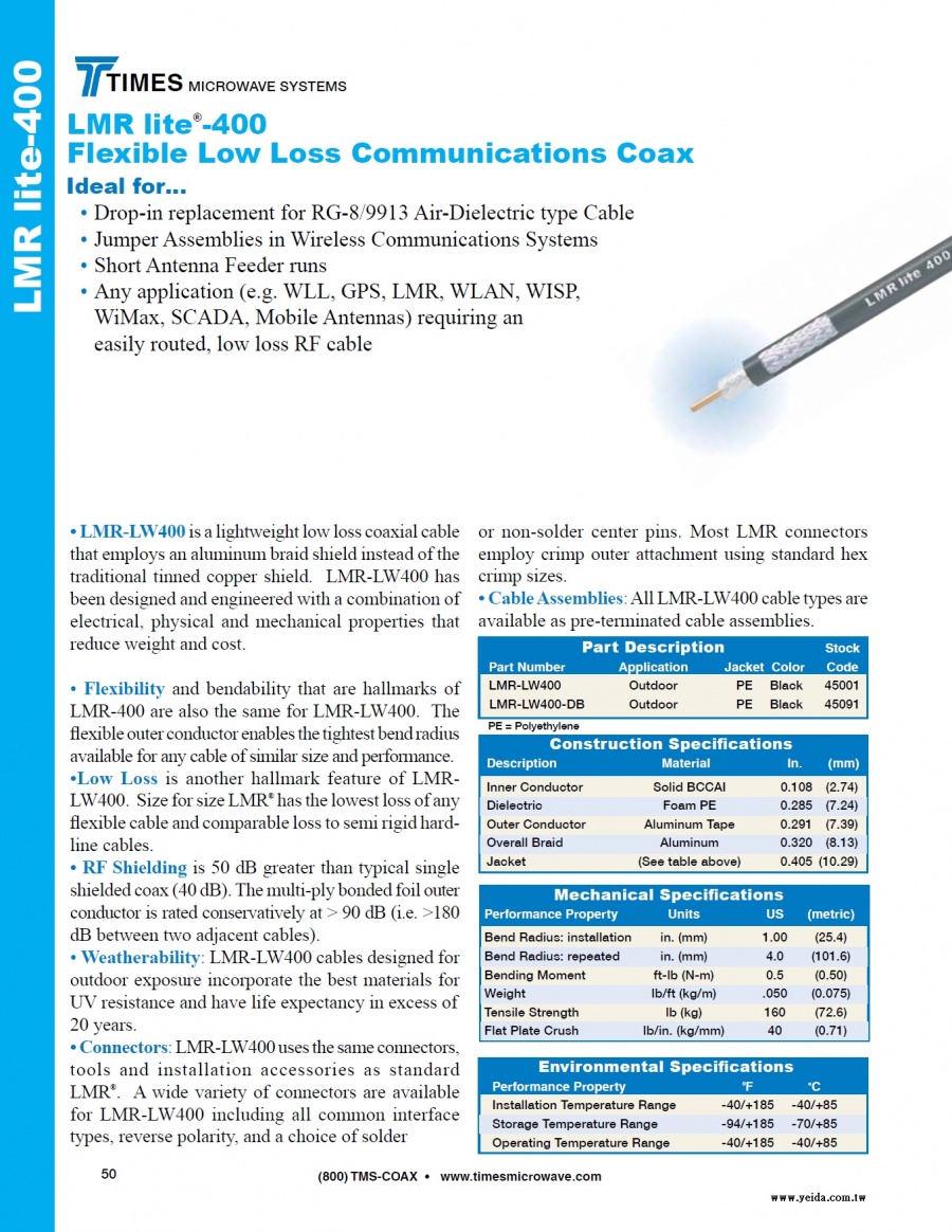 TIMES-LMR-LW400 lightweight low loss coaxial cable 50歐姆低損耗質輕低成本同軸電纜 接頭 工具及跳線組裝產品圖