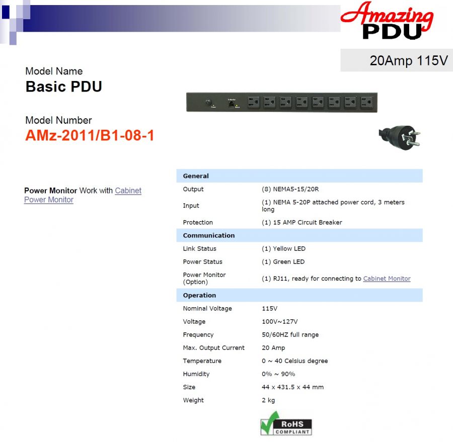 DGP-AMz-2011/B1-08-1 Basic PDU 20Amp 115V (Power Distribution Unit)智慧型電源電力分配器(管理系統)產品圖