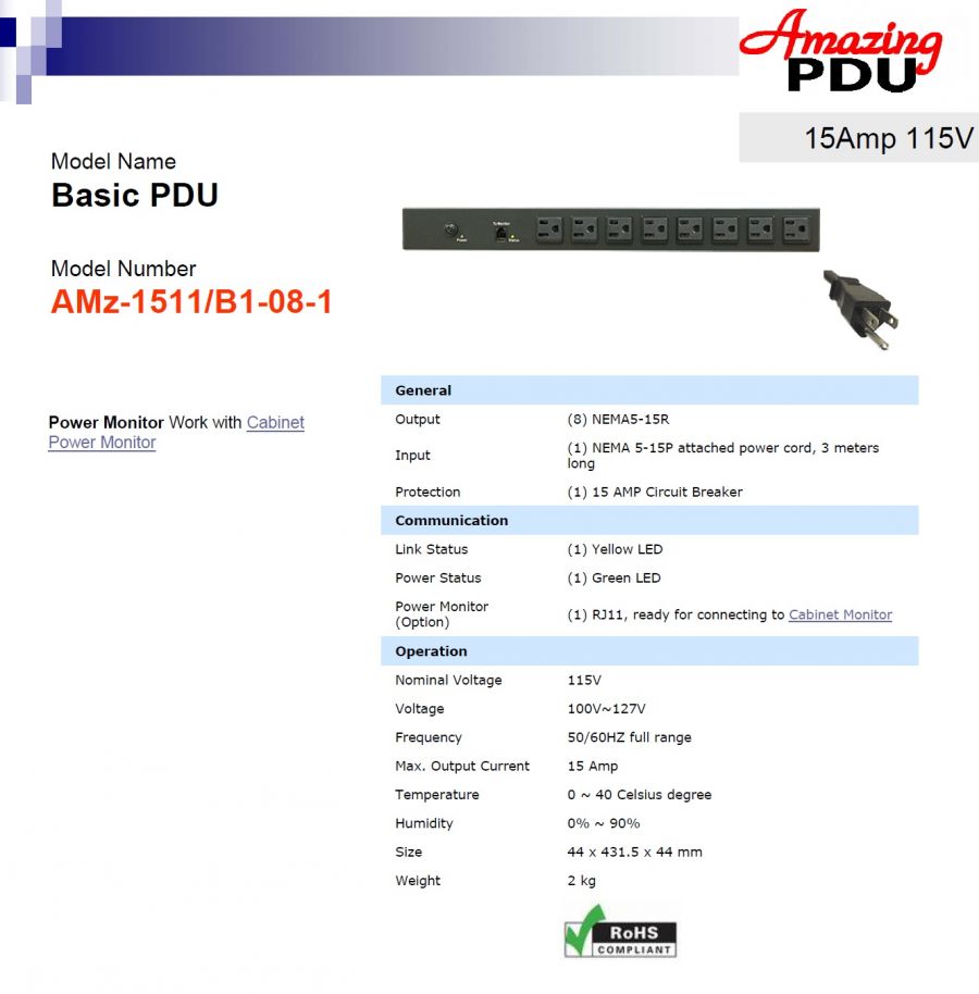 DGP-AMz-1511/B1-08-1 Basic PDU 15Amp 115V (Power Distribution Unit)智慧型電源電力分配器(管理系統)產品圖