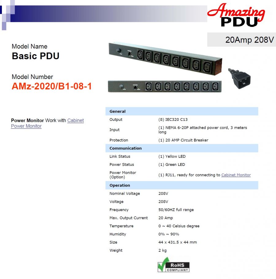 DGP-AMz-2020/B1-08-1 Basic PDU 20Amp 208V (Power Distribution Unit)智慧型電源電力分配器(管理系統)產品圖