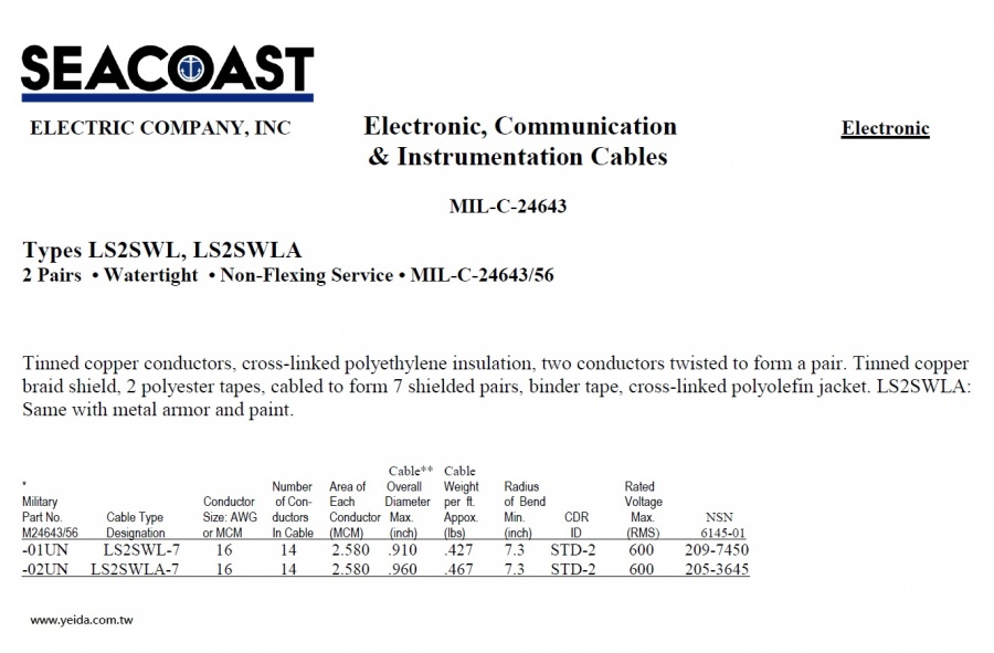 LS2SWL/ LS2SWLA MIL-DTL-24643/56 Navy Shipboard Cable > MIL-DTL-24643 美國海軍軍艦船舶軍規電線產品圖